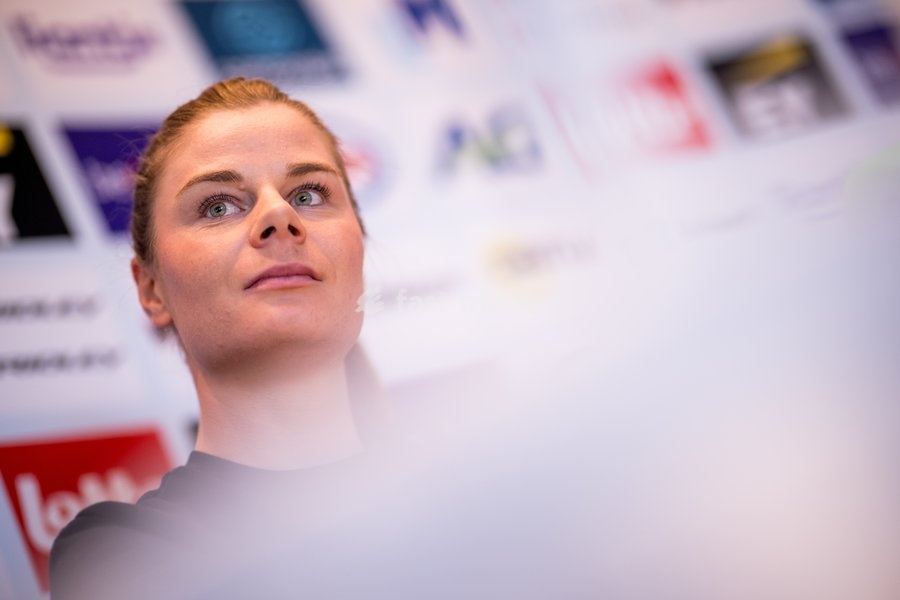 Belgian Lotte Kopecky talks to the press during a press conference before the cycling World Championship, in Montreal, Canada, Friday 18 September 2026. The UCI road world championships are taking place from 20 to 27 September, in Montreal, Canada