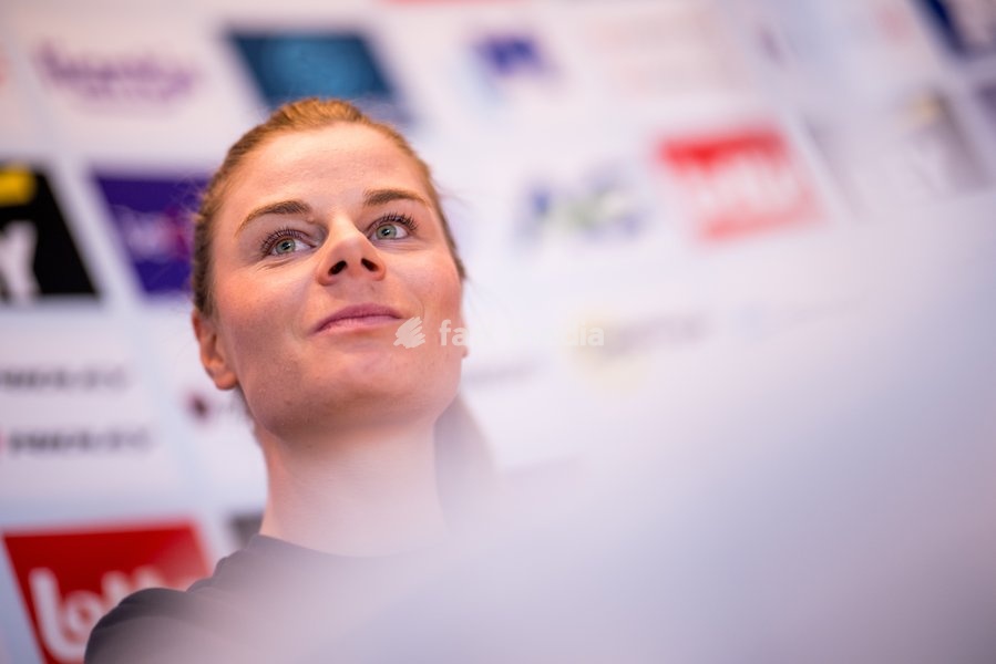 Belgian Lotte Kopecky talks to the press during a press conference before the cycling World Championship, in Montreal, Canada, Friday 18 September 2026. The UCI road world championships are taking place from 20 to 27 September, in Montreal, Canada