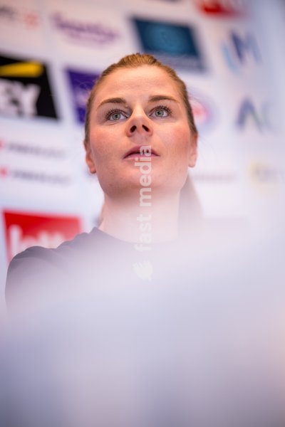 Belgian Lotte Kopecky talks to the press during a press conference before the cycling World Championship, in Montreal, Canada, Friday 18 September 2026. The UCI road world championships are taking place from 20 to 27 September, in Montreal, Canada