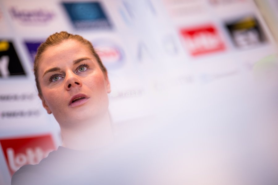 Belgian Lotte Kopecky talks to the press during a press conference before the cycling World Championship, in Montreal, Canada, Friday 18 September 2026. The UCI road world championships are taking place from 20 to 27 September, in Montreal, Canada