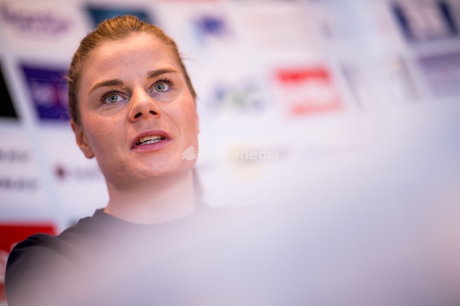 Belgian Lotte Kopecky talks to the press during a press conference before the cycling World Championship, in Montreal, Canada, Friday 18 September 2026. The UCI road world championships are taking place from 20 to 27 September, in Montreal, Canada