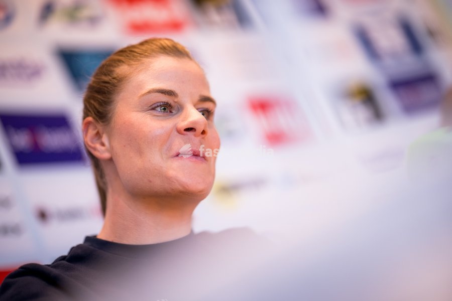 Belgian Lotte Kopecky talks to the press during a press conference before the cycling World Championship, in Montreal, Canada, Friday 18 September 2026. The UCI road world championships are taking place from 20 to 27 September, in Montreal, Canada
