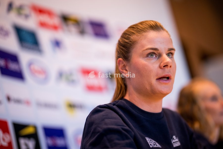 Belgian Lotte Kopecky talks to the press during a press conference before the cycling World Championship, in Montreal, Canada, Friday 18 September 2026. The UCI road world championships are taking place from 20 to 27 September, in Montreal, Canada