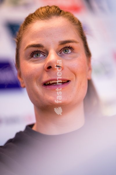 Belgian Lotte Kopecky talks to the press during a press conference before the cycling World Championship, in Montreal, Canada, Friday 18 September 2026. The UCI road world championships are taking place from 20 to 27 September, in Montreal, Canada