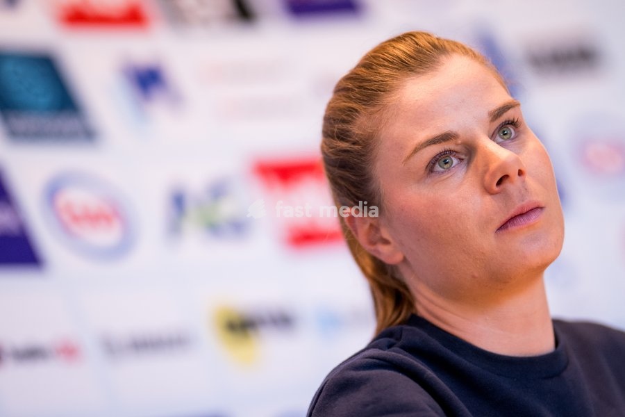 Belgian Lotte Kopecky talks to the press during a press conference before the cycling World Championship, in Montreal, Canada, Friday 18 September 2026. The UCI road world championships are taking place from 20 to 27 September, in Montreal, Canada