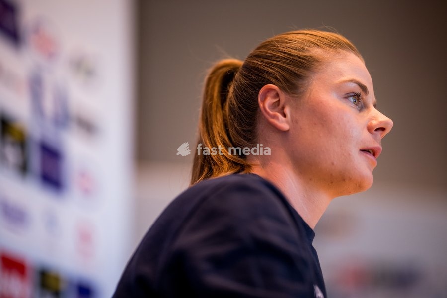Belgian Lotte Kopecky talks to the press during a press conference before the cycling World Championship, in Montreal, Canada, Friday 18 September 2026. The UCI road world championships are taking place from 20 to 27 September, in Montreal, Canada