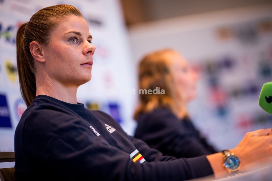 Belgian Lotte Kopecky talks to the press during a press conference before the cycling World Championship, in Montreal, Canada, Friday 18 September 2026. The UCI road world championships are taking place from 20 to 27 September, in Montreal, Canada