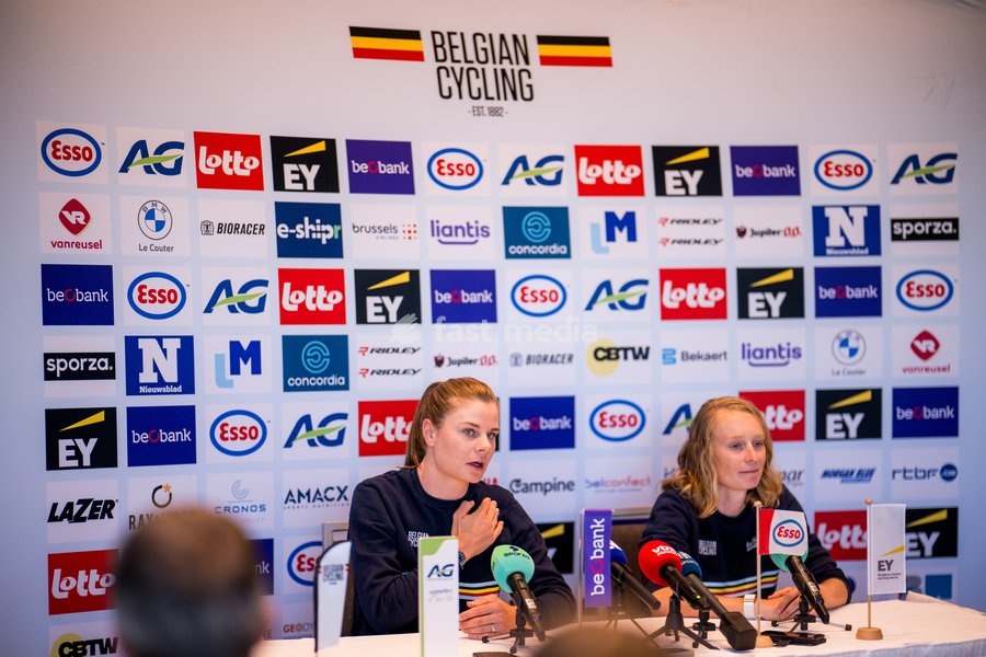 Belgian Lotte Kopecky and Belgian Lotte Claes talks to the press during a press conference before the cycling World Championship, in Montreal, Canada, Friday 18 September 2026. The UCI road world championships are taking place from 20 to 27 September, in Montreal, Canada