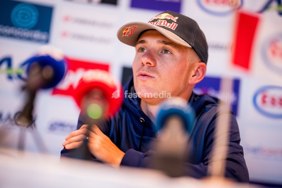Belgian Remco Evenepoel talks to the press during a press conference before the cycling World Championship, in Montreal, Canada, Friday 18 September 2026. The UCI road world championships are taking place from 20 to 27 September, in Montreal, Canada