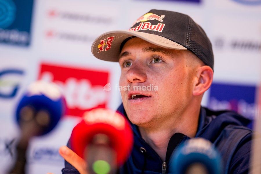 Belgian Remco Evenepoel talks to the press during a press conference before the cycling World Championship, in Montreal, Canada, Friday 18 September 2026. The UCI road world championships are taking place from 20 to 27 September, in Montreal, Canada