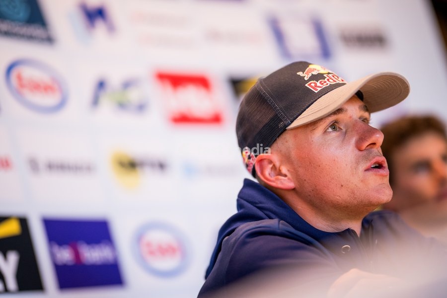 Belgian Remco Evenepoel talks to the press during a press conference before the cycling World Championship, in Montreal, Canada, Friday 18 September 2026. The UCI road world championships are taking place from 20 to 27 September, in Montreal, Canada