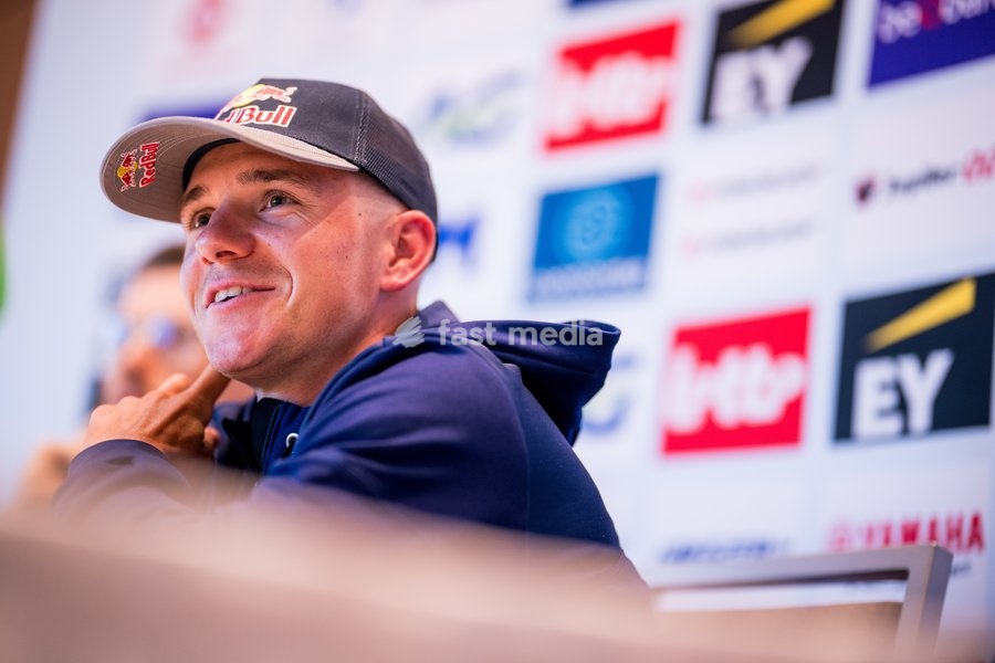 Belgian Remco Evenepoel talks to the press during a press conference before the cycling World Championship, in Montreal, Canada, Friday 18 September 2026. The UCI road world championships are taking place from 20 to 27 September, in Montreal, Canada