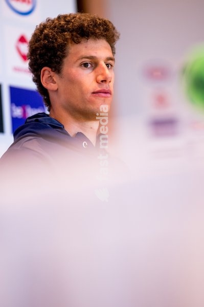 Belgian Alec Segaert talks to the press during a press conference before the cycling World Championship, in Montreal, Canada, Friday 18 September 2026. The UCI road world championships are taking place from 20 to 27 September, in Montreal, Canada