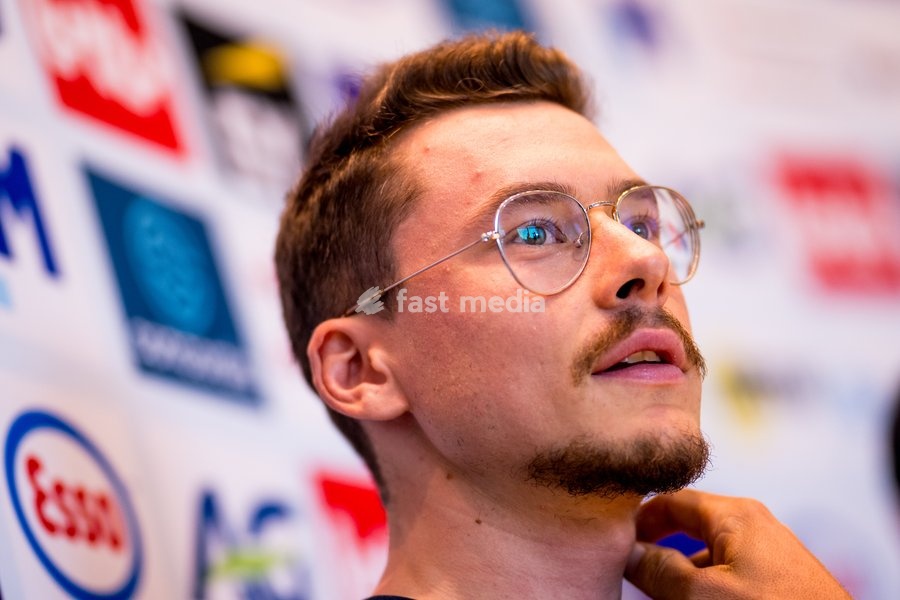 Belgian Rune Herregodts talks to the press during a press conference before the cycling World Championship, in Montreal, Canada, Friday 18 September 2026. The UCI road world championships are taking place from 20 to 27 September, in Montreal, Canada