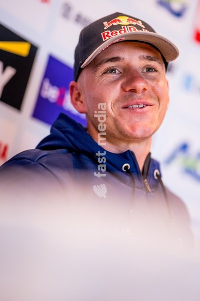 Belgian Remco Evenepoel talks to the press during a press conference before the cycling World Championship, in Montreal, Canada, Friday 18 September 2026. The UCI road world championships are taking place from 20 to 27 September, in Montreal, Canada