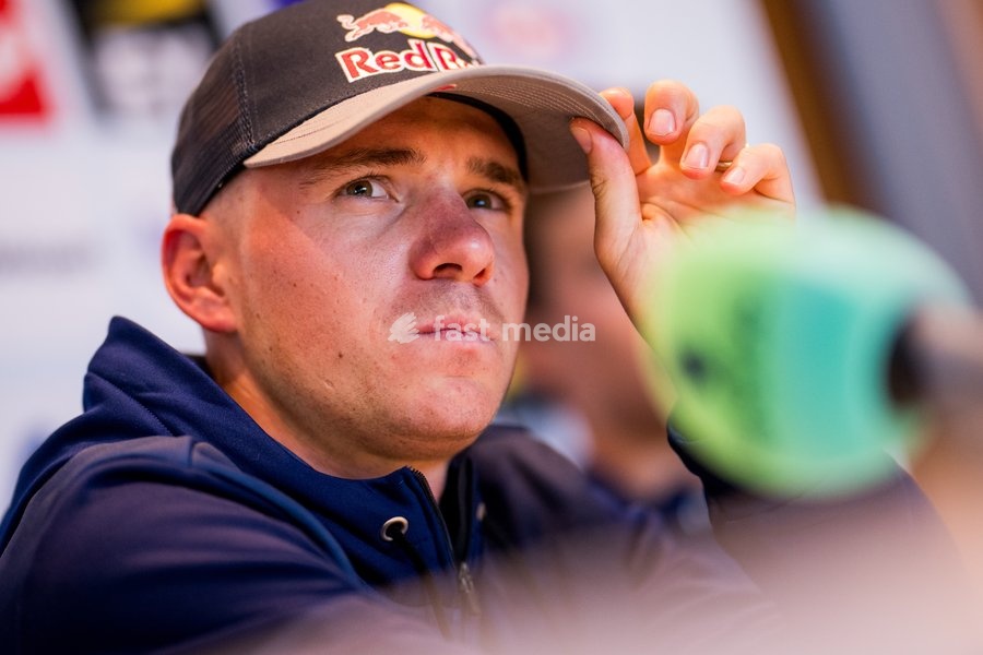 Belgian Remco Evenepoel talks to the press during a press conference before the cycling World Championship, in Montreal, Canada, Friday 18 September 2026. The UCI road world championships are taking place from 20 to 27 September, in Montreal, Canada