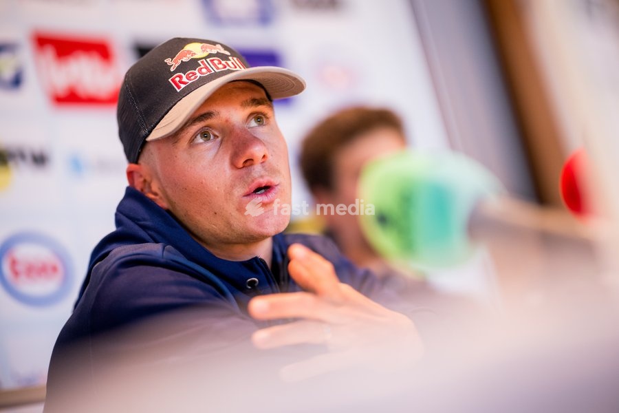 Belgian Remco Evenepoel talks to the press during a press conference before the cycling World Championship, in Montreal, Canada, Friday 18 September 2026. The UCI road world championships are taking place from 20 to 27 September, in Montreal, Canada