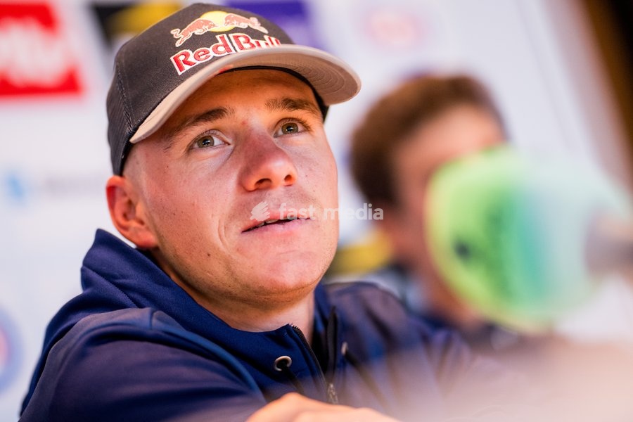 Belgian Remco Evenepoel talks to the press during a press conference before the cycling World Championship, in Montreal, Canada, Friday 18 September 2026. The UCI road world championships are taking place from 20 to 27 September, in Montreal, Canada