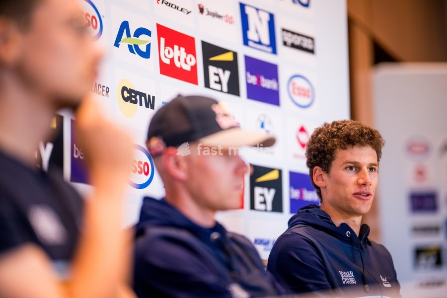 Belgian Alec Segaert talks to the press during a press conference before the cycling World Championship, in Montreal, Canada, Friday 18 September 2026. The UCI road world championships are taking place from 20 to 27 September, in Montreal, Canada