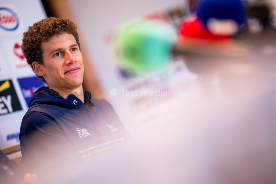 Belgian Alec Segaert talks to the press during a press conference before the cycling World Championship, in Montreal, Canada, Friday 18 September 2026. The UCI road world championships are taking place from 20 to 27 September, in Montreal, Canada