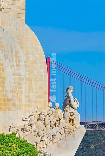 View of Monument to the Discoveries (Padrao dos Descobrimentos) and 25th April bridge in the distance, Belem, Lisbon, Portugal