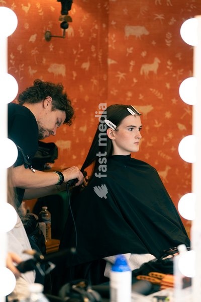 A model backstage at the Ginny Litscher Catwalk Show 2026 at The Haymarket Hotel on September 18, 2026 in London, England