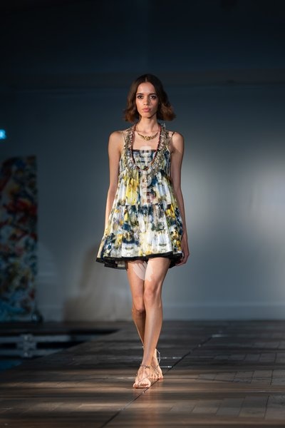 A model walks the runway at the Ginny Litscher Catwalk Show 2026 at The Haymarket Hotel on September 18, 2026 in London, England