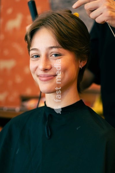 A model backstage at the Ginny Litscher Catwalk Show 2026 at The Haymarket Hotel on September 18, 2026 in London, England