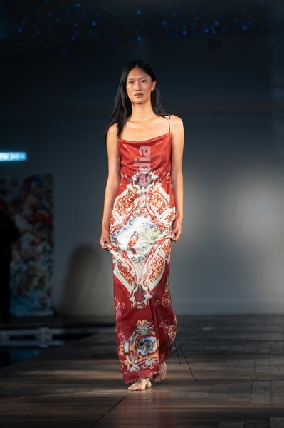 A model walks the runway at the Ginny Litscher Catwalk Show 2026 at The Haymarket Hotel on September 18, 2026 in London, England