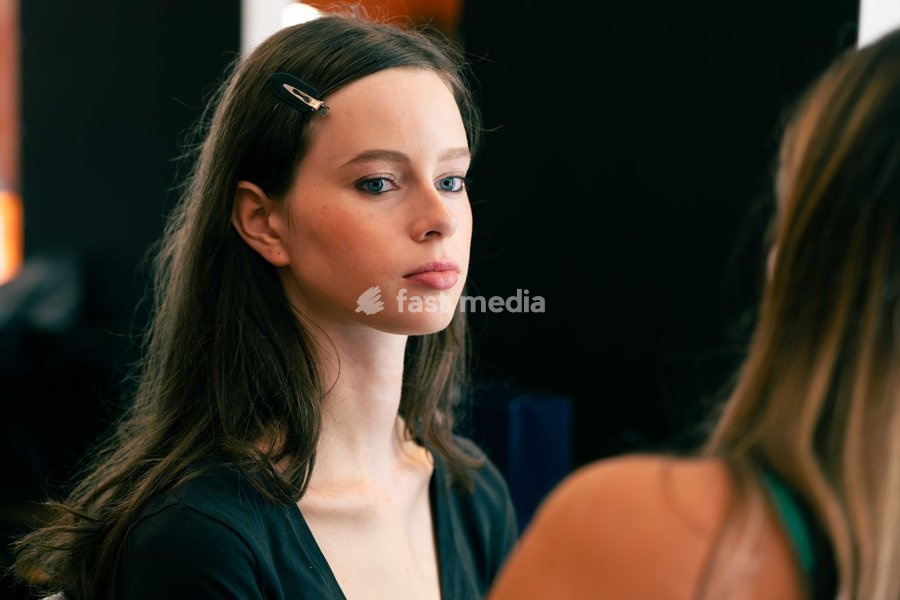 A model backstage at the Ginny Litscher Catwalk Show 2026 at The Haymarket Hotel on September 18, 2026 in London, England