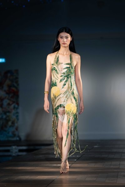 A model walks the runway at the Ginny Litscher Catwalk Show 2026 at The Haymarket Hotel on September 18, 2026 in London, England
