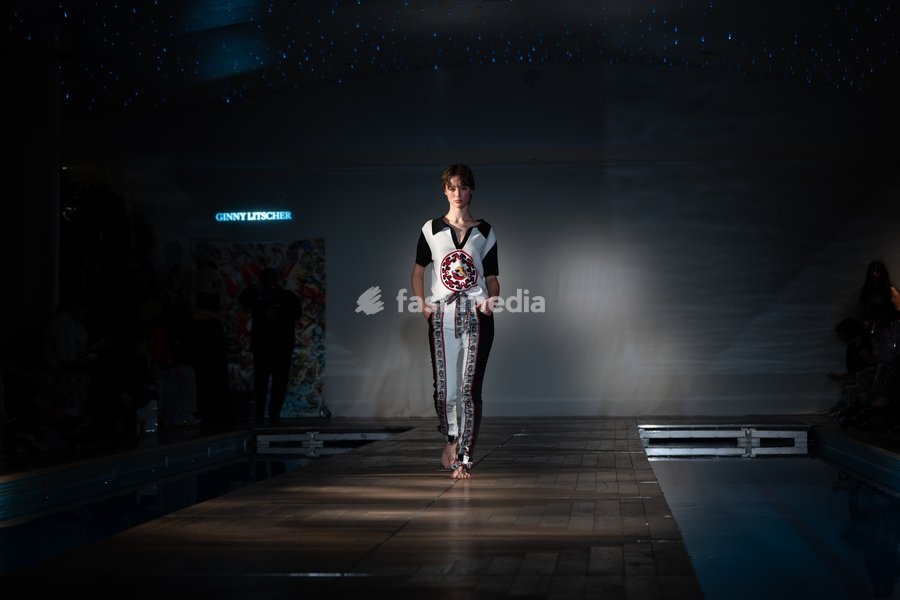 A model walks the runway at the Ginny Litscher Catwalk Show 2026 at The Haymarket Hotel on September 18, 2026 in London, England