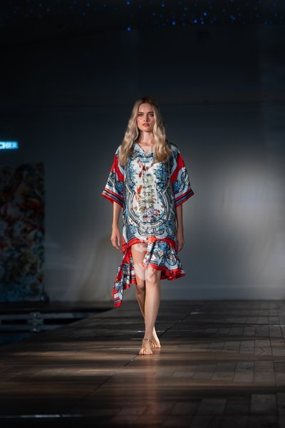 A model walks the runway at the Ginny Litscher Catwalk Show 2026 at The Haymarket Hotel on September 18, 2026 in London, England