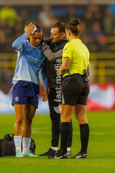 Iman Beney of Manchester City Women recovers from a blow to the head during the Women's Super League match between Manchester City Women and Liverpool FC Women at the Joie Stadium in Manchester, England on September 18, 2026