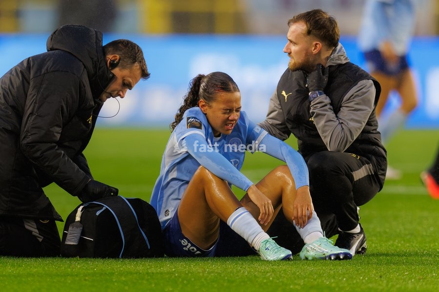 Iman Beney of Manchester City Women recovers from a blow to the head during the Women's Super League match between Manchester City Women and Liverpool FC Women at the Joie Stadium in Manchester, England on September 18, 2026
