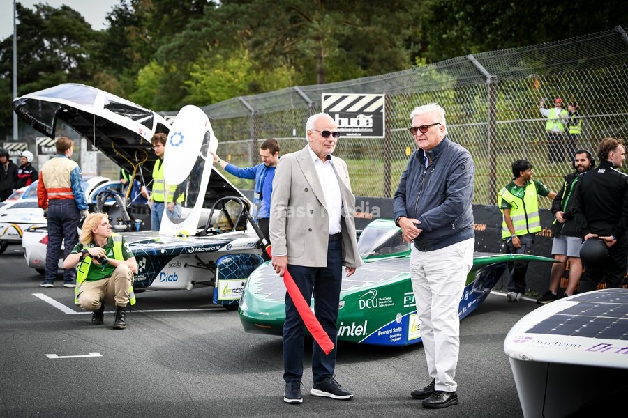 Prince Laurent of Belgium and Organiser Frans-Joseph Joosten pictured at the iLumen European Solar Challenge (iESC), the largest solar race in Europe, Saturday 19 September 2026, at the Circuit Zolder, in Heusden-Zolder. Some 20 university teams that have designed and built their own cars are…