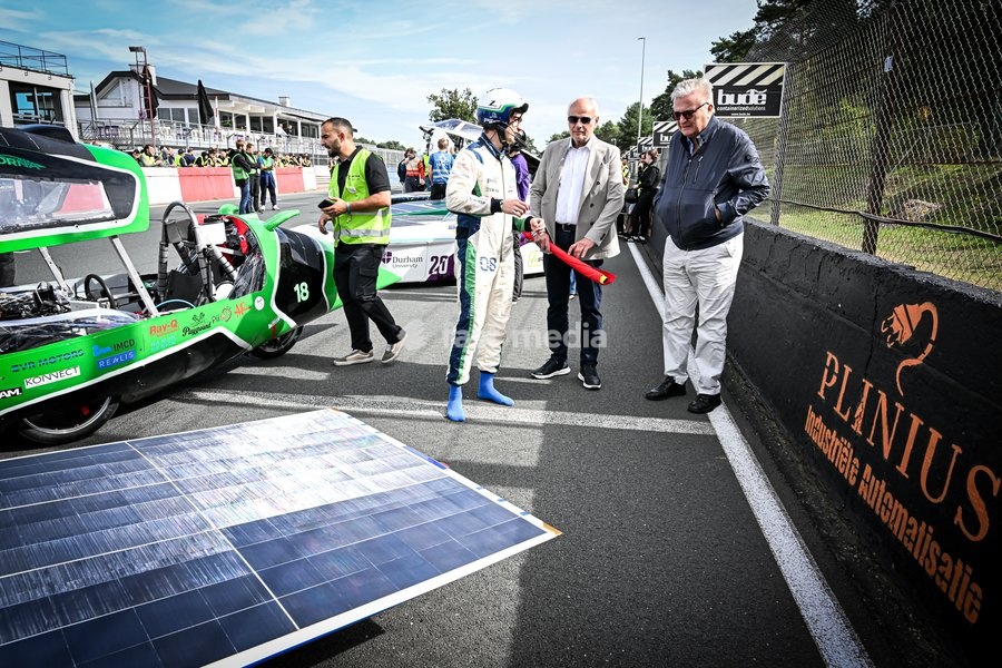 Prince Laurent of Belgium, Organiser Frans-Joseph Joosten and the Innoptus Solar Team pictured at the iLumen European Solar Challenge (iESC), the largest solar race in Europe, Saturday 19 September 2026, at the Circuit Zolder, in Heusden-Zolder. Some 20 university teams that have designed and built…