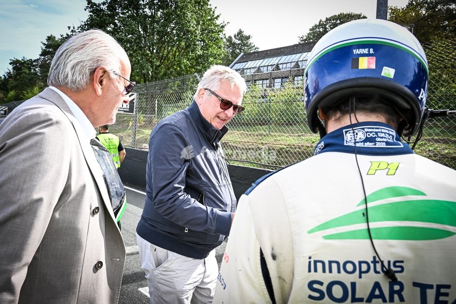 Prince Laurent of Belgium, Organiser Frans-Joseph Joosten and the Innoptus Solar Team pictured at the iLumen European Solar Challenge (iESC), the largest solar race in Europe, Saturday 19 September 2026, at the Circuit Zolder, in Heusden-Zolder. Some 20 university teams that have designed and built…