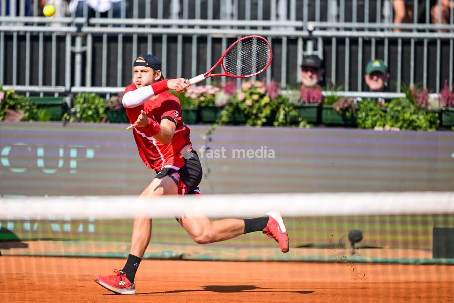 Belgian Zizou Bergs pictured in action during a tennis match between Austrian Rodionov and Belgian Bergs, the fourth rubber in the tie between Austria and Belgium, qualifiers for the Davis Cup tournament, on Saturday 19 September 2026 in Vienna, Austria