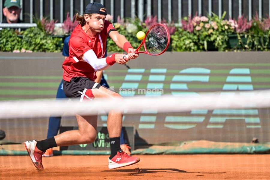 Belgian Zizou Bergs pictured in action during a tennis match between Austrian Rodionov and Belgian Bergs, the fourth rubber in the tie between Austria and Belgium, qualifiers for the Davis Cup tournament, on Saturday 19 September 2026 in Vienna, Austria