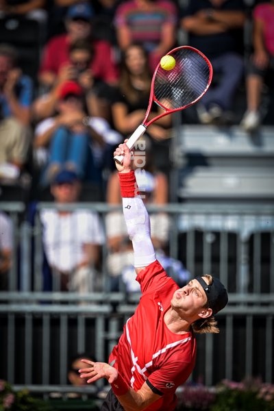 Belgian Zizou Bergs pictured in action during a tennis match between Austrian Rodionov and Belgian Bergs, the fourth rubber in the tie between Austria and Belgium, qualifiers for the Davis Cup tournament, on Saturday 19 September 2026 in Vienna, Austria