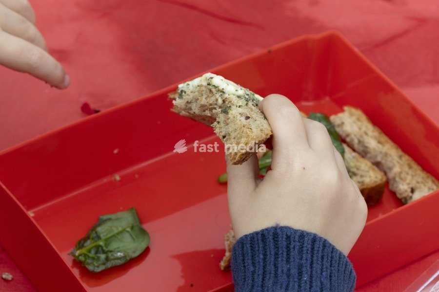A child with a lunchbox pictured during a symbolic initiative by the Queen Paola Foundation to create the longest lunch table, an attempt to break the Belgian record for the longest lunch table, on Saturday 19 September 2026 at the Botanic Garden, in Meise