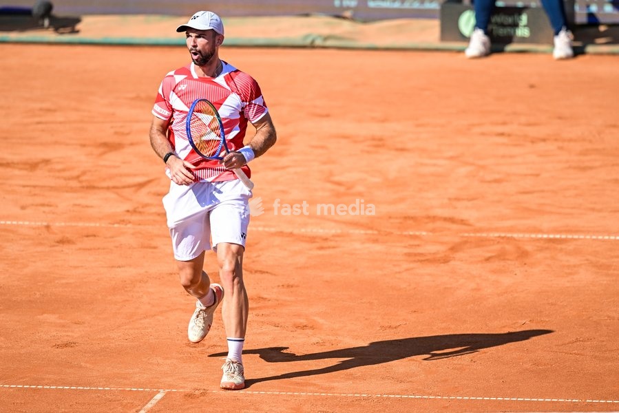 Austria's Jurij Rodionov celebrates after scoring during a tennis match between Austrian Rodionov and Belgian Bergs, the fourth rubber in the tie between Austria and Belgium, qualifiers for the Davis Cup tournament, on Saturday 19 September 2026 in Vienna, Austria