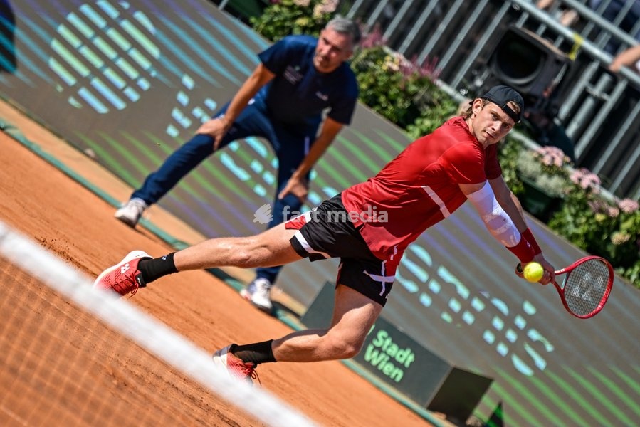 Belgian Zizou Bergs pictured in action during a tennis match between Austrian Rodionov and Belgian Bergs, the fourth rubber in the tie between Austria and Belgium, qualifiers for the Davis Cup tournament, on Saturday 19 September 2026 in Vienna, Austria
