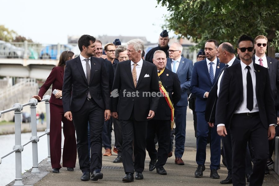 Walloon Minister President Adrien Dolimont; King Philippe - Filip of Belgium; Namur province governor Denis Mathen; Flemish Minister-President Matthias Diependaele and Vice-prime minister and Minister of Foreign Affairs Maxime Prevot pictured during the 'Fêtes de Wallonie' (Wallonia feasts)…