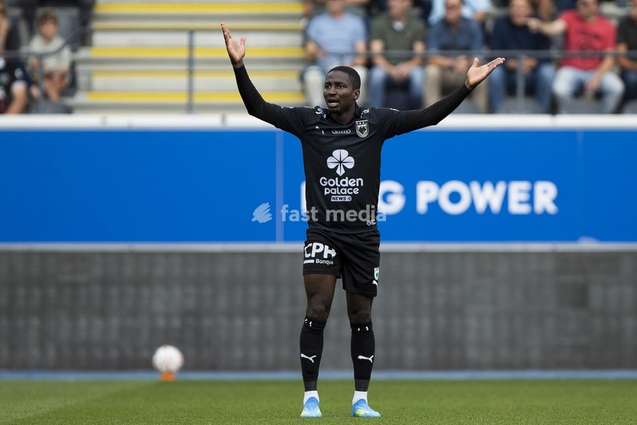RAAL's Mustapha Isah reacts during a soccer match between Oud-Heverlee Leuven and RAAL La Louviere, Saturday 19 September 2026 in Leuven, on day 7 of the 2026-2027 'Jupiler Pro League' first division of the Belgian championship