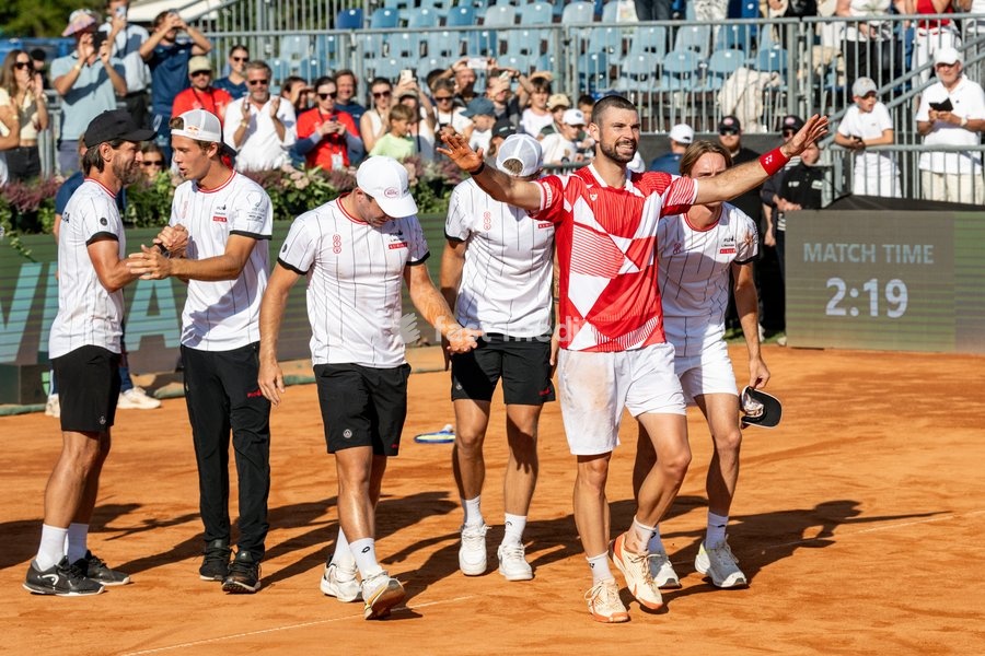 Austria's Jurij Rodionov celebrates after winning a tennis match between Austrian Rodionov and Belgian Bergs, the fourth rubber in the tie between Austria and Belgium, qualifiers for the Davis Cup tournament, on Saturday 19 September 2026 in Vienna, Austria