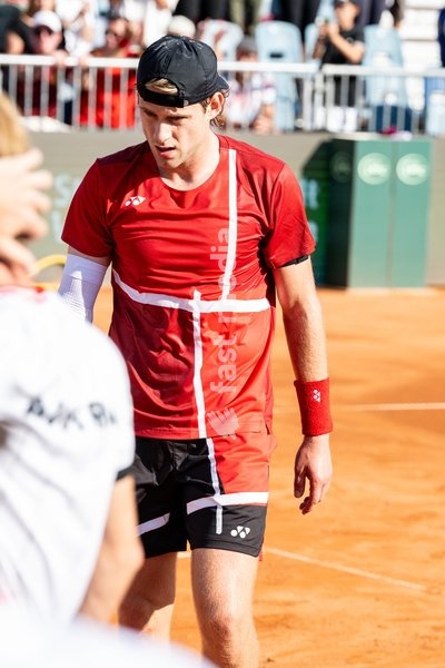 Belgian Zizou Bergs looks dejected after losing a tennis match between Austrian Rodionov and Belgian Bergs, the fourth rubber in the tie between Austria and Belgium, qualifiers for the Davis Cup tournament, on Saturday 19 September 2026 in Vienna, Austria