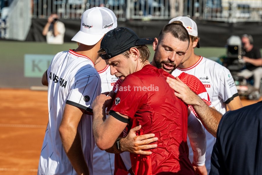 Belgian Zizou Bergs and Austria's Jurij Rodionov are pictured after a tennis match between Austrian Rodionov and Belgian Bergs, the fourth rubber in the tie between Austria and Belgium, qualifiers for the Davis Cup tournament, on Saturday 19 September 2026 in Vienna, Austria