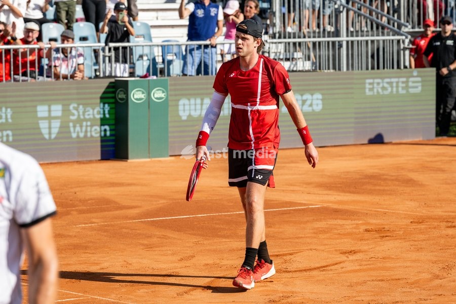 Belgian Zizou Bergs looks dejected after losing a tennis match between Austrian Rodionov and Belgian Bergs, the fourth rubber in the tie between Austria and Belgium, qualifiers for the Davis Cup tournament, on Saturday 19 September 2026 in Vienna, Austria